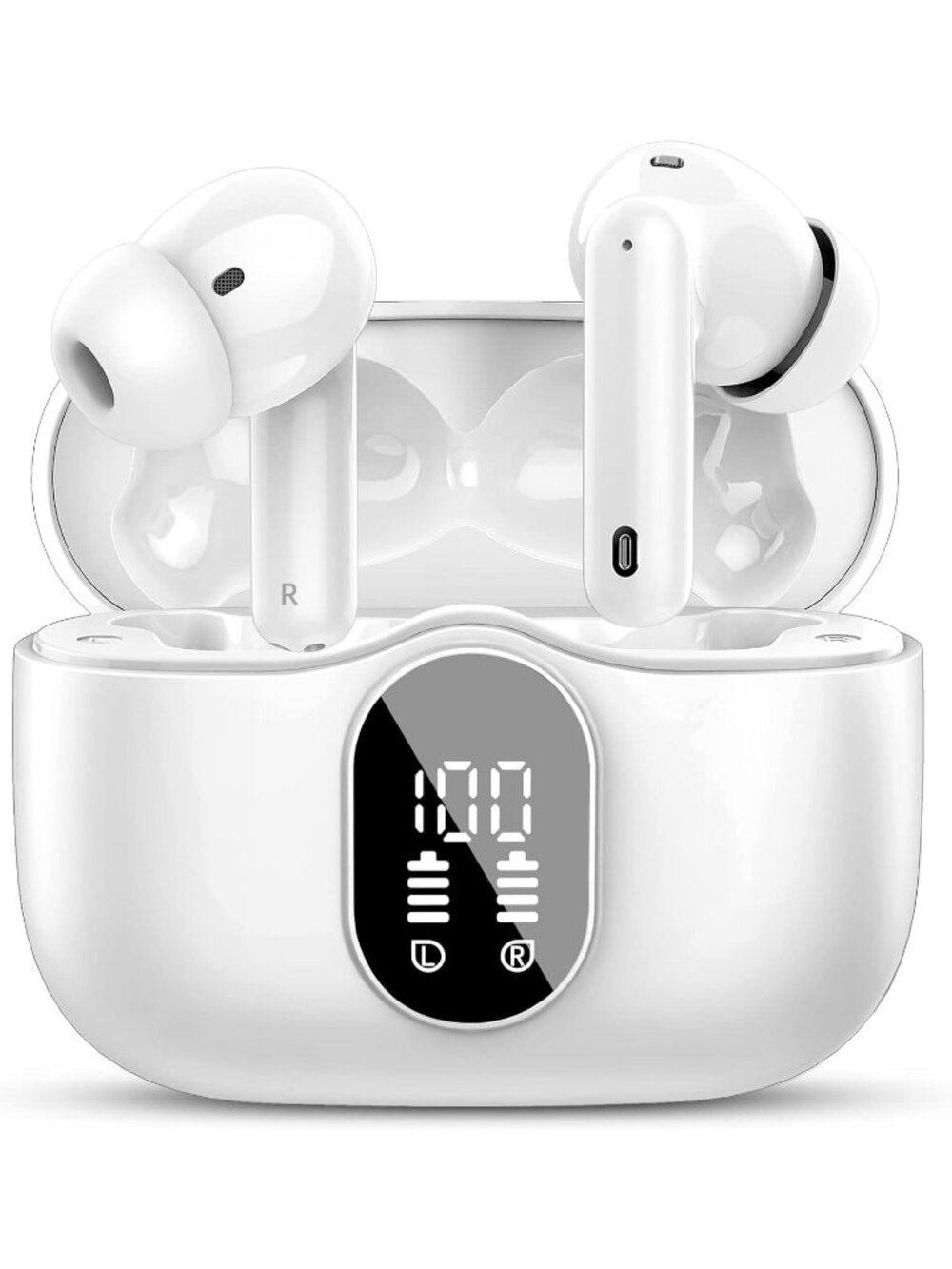 Wireless White Bass Stereo Noise Cancelling 36H Playtime Bluetooth 5.3 Earbud